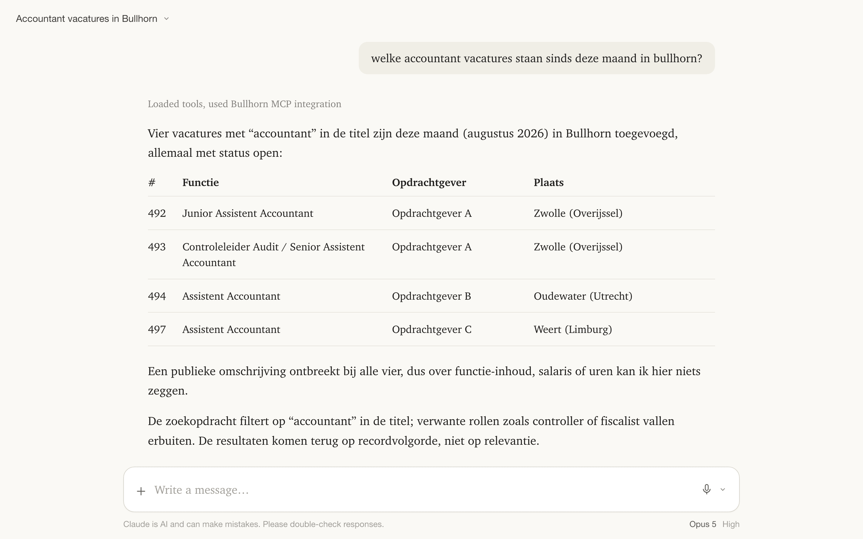 Claude beantwoordt een vraag over openstaande vacatures uit Bullhorn via de MCP-koppeling